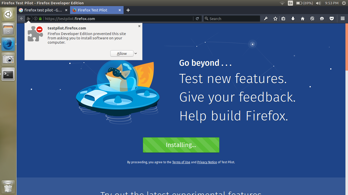 Firefox Test Pilot add-on popup